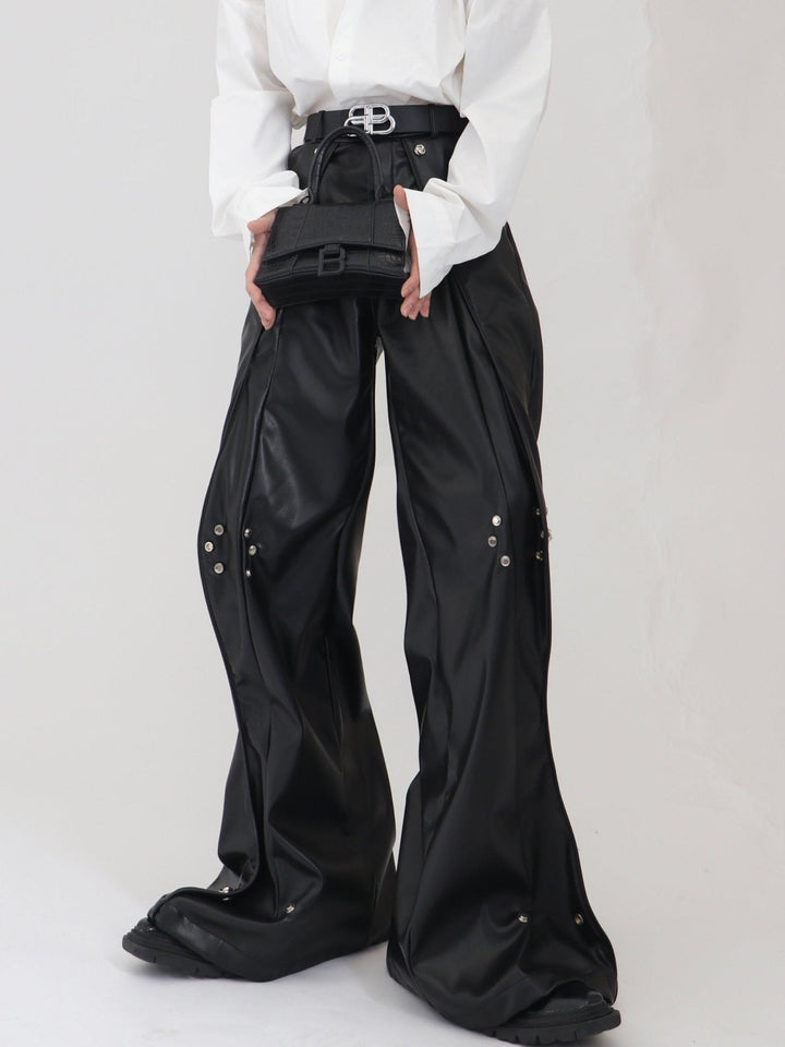 Double - Layered Faux Leather Pants | Metal Button Loose Trousers - ArguE CulturE