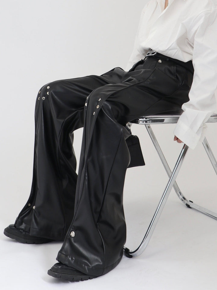 Double - Layered Faux Leather Pants | Metal Button Loose Trousers - ArguE CulturE