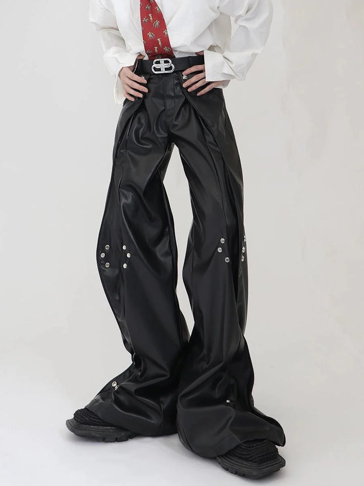 Double - Layered Faux Leather Pants | Metal Button Loose Trousers - ArguE CulturE