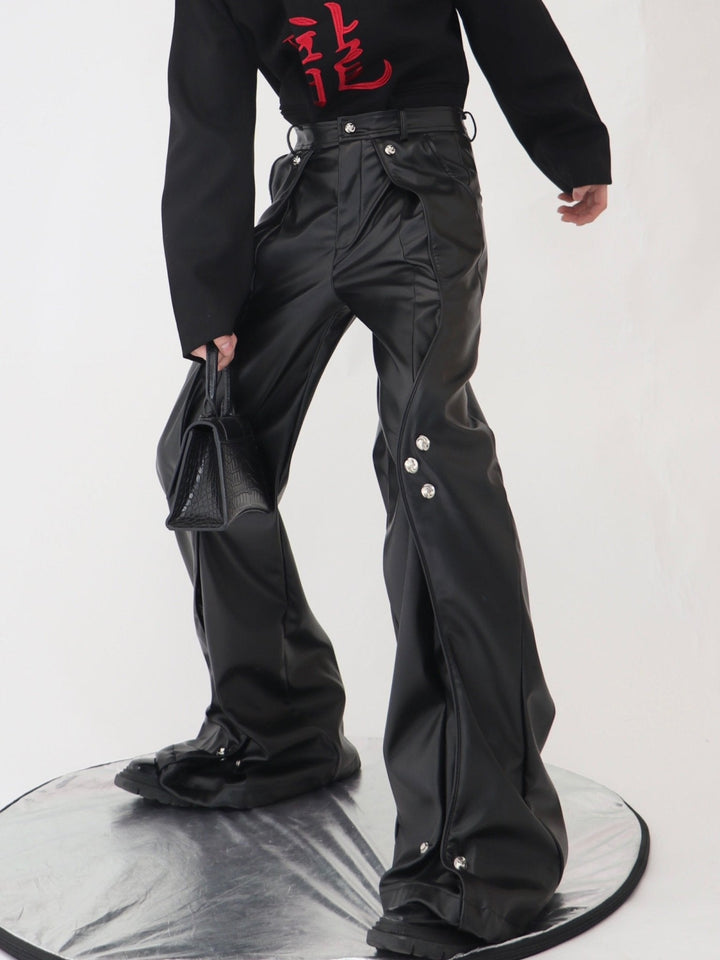 Double - Layered Faux Leather Pants | Metal Button Loose Trousers - ArguE CulturE