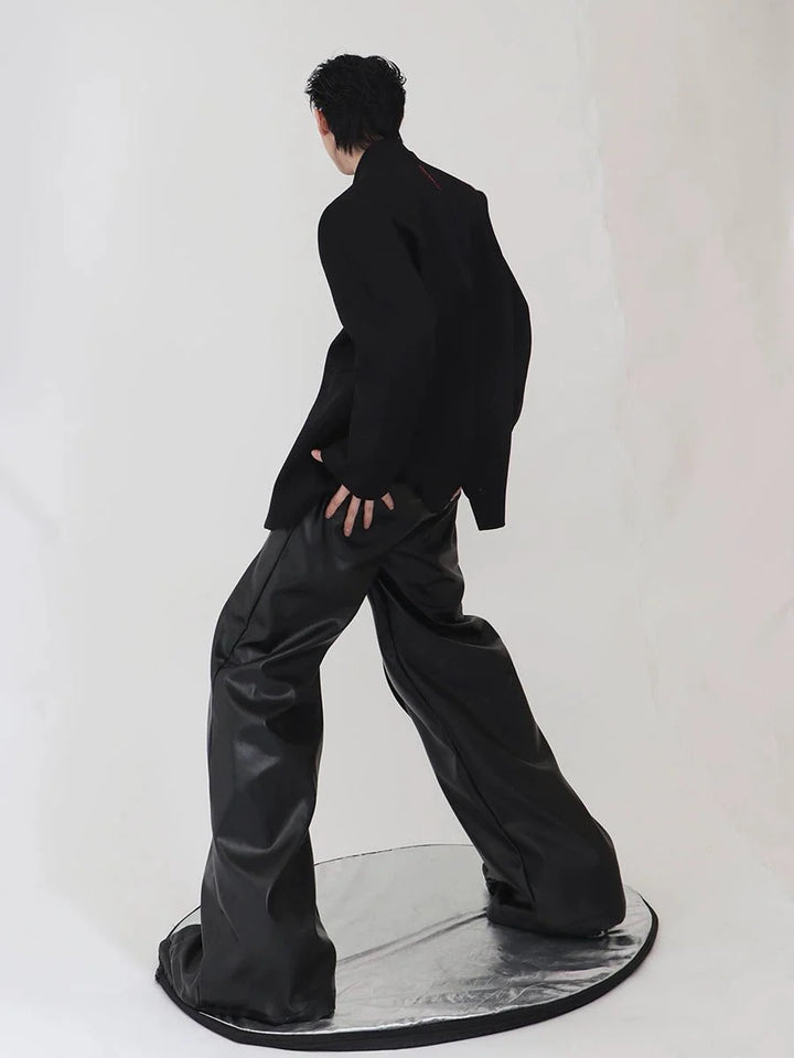 Double - Layered Faux Leather Pants | Metal Button Loose Trousers - ArguE CulturE