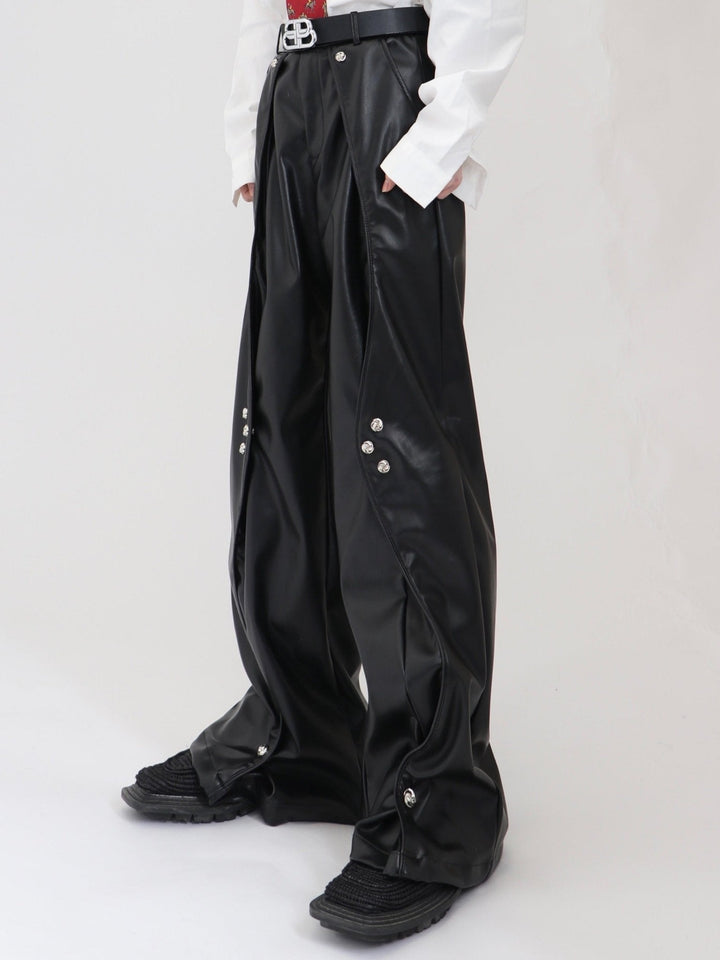 Double - Layered Faux Leather Pants | Metal Button Loose Trousers - ArguE CulturE