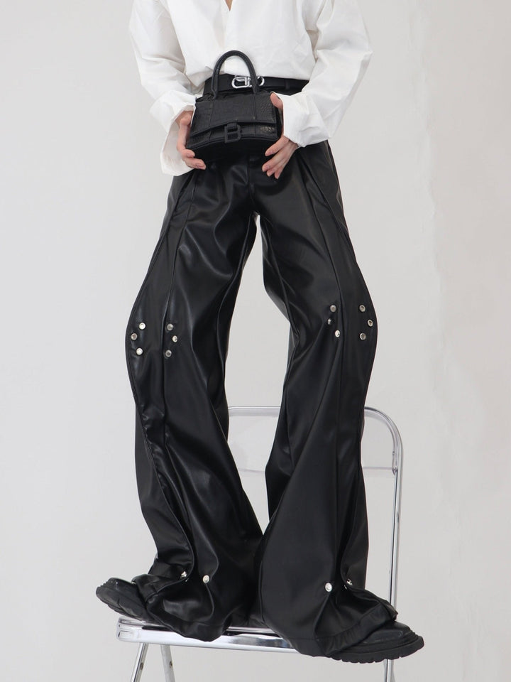 Double - Layered Faux Leather Pants | Metal Button Loose Trousers - ArguE CulturE