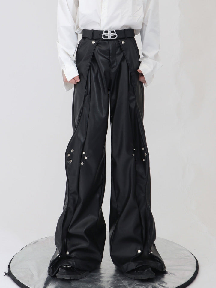 Double - Layered Faux Leather Pants | Metal Button Loose Trousers - ArguE CulturE