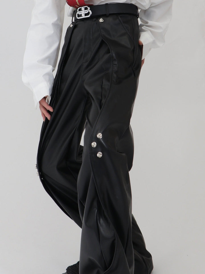 Double - Layered Faux Leather Pants | Metal Button Loose Trousers - ArguE CulturE