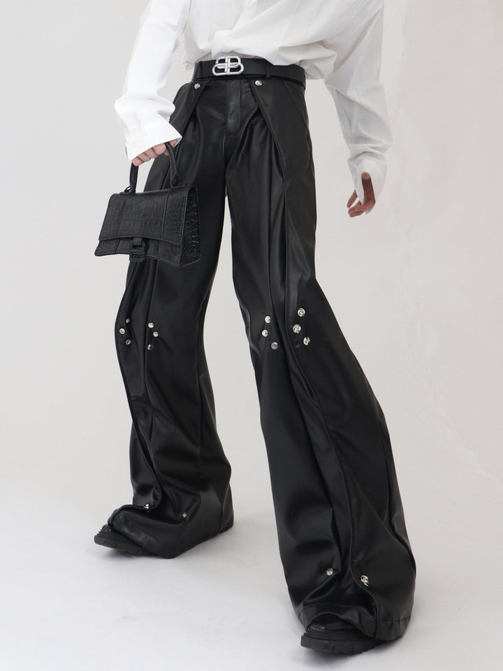 Double - Layered Faux Leather Pants | Metal Button Loose Trousers - ArguE CulturE