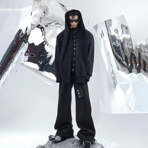 Lifestyle shot of the layered streetwear cardigan in an urban setting