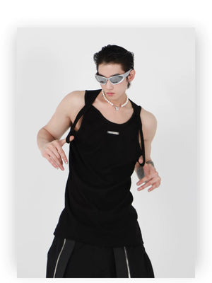 desc::double-strap-metal-detail-slim-vest-black-streetwear-tank-detail-img-3
