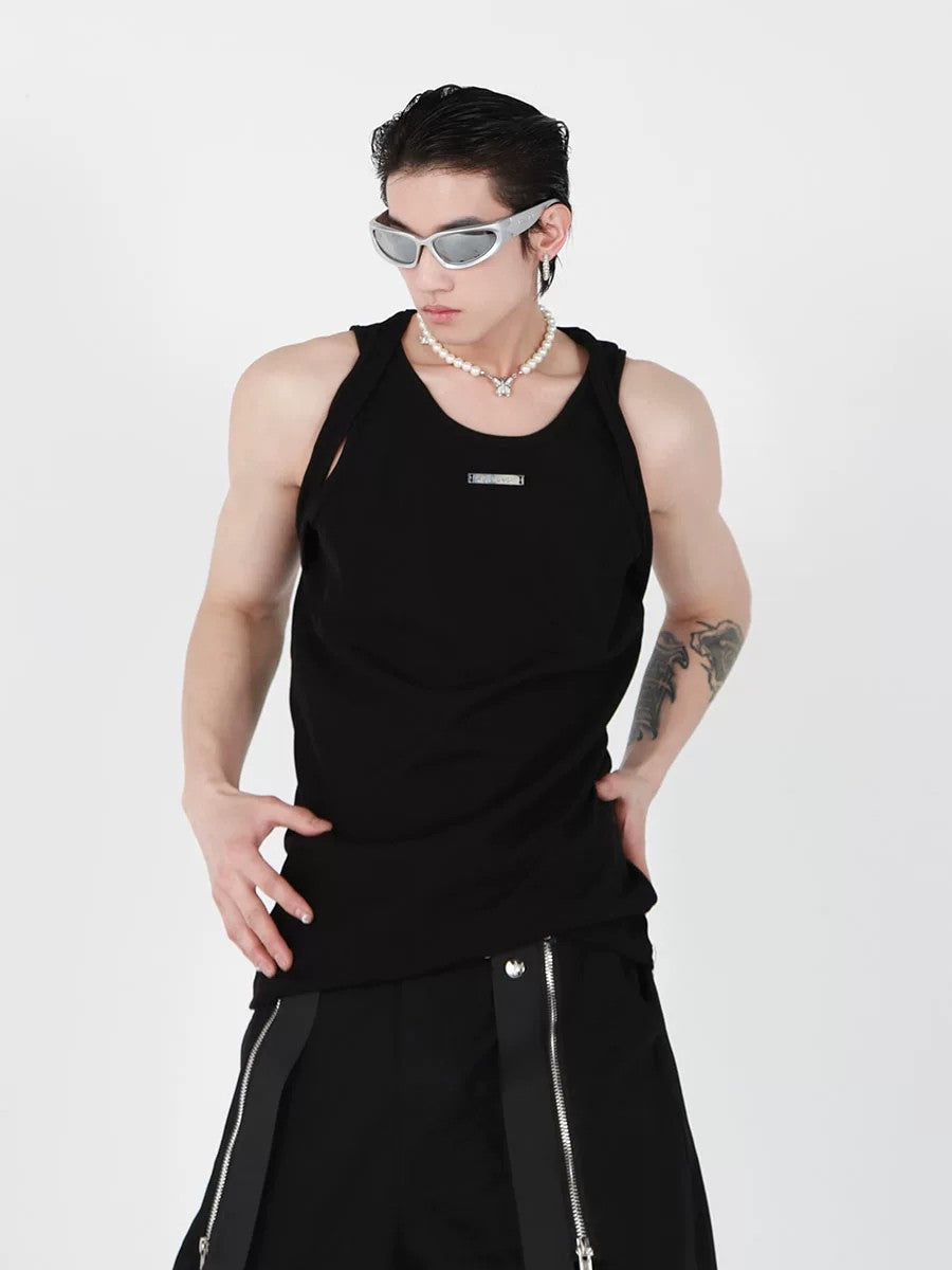 Front view of black double strap slim fit tank top with metal accents