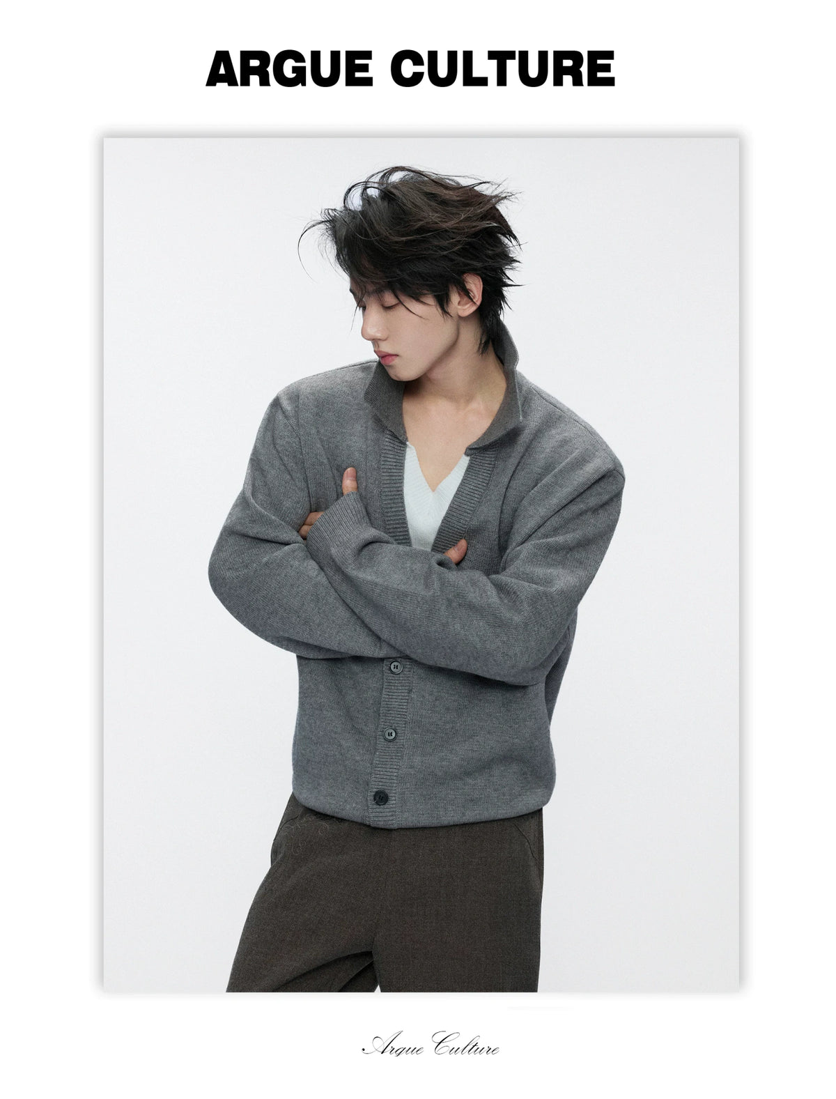 Double V Mock Two-Piece Marled Knit Sweater | Black & Gray - detail image 5