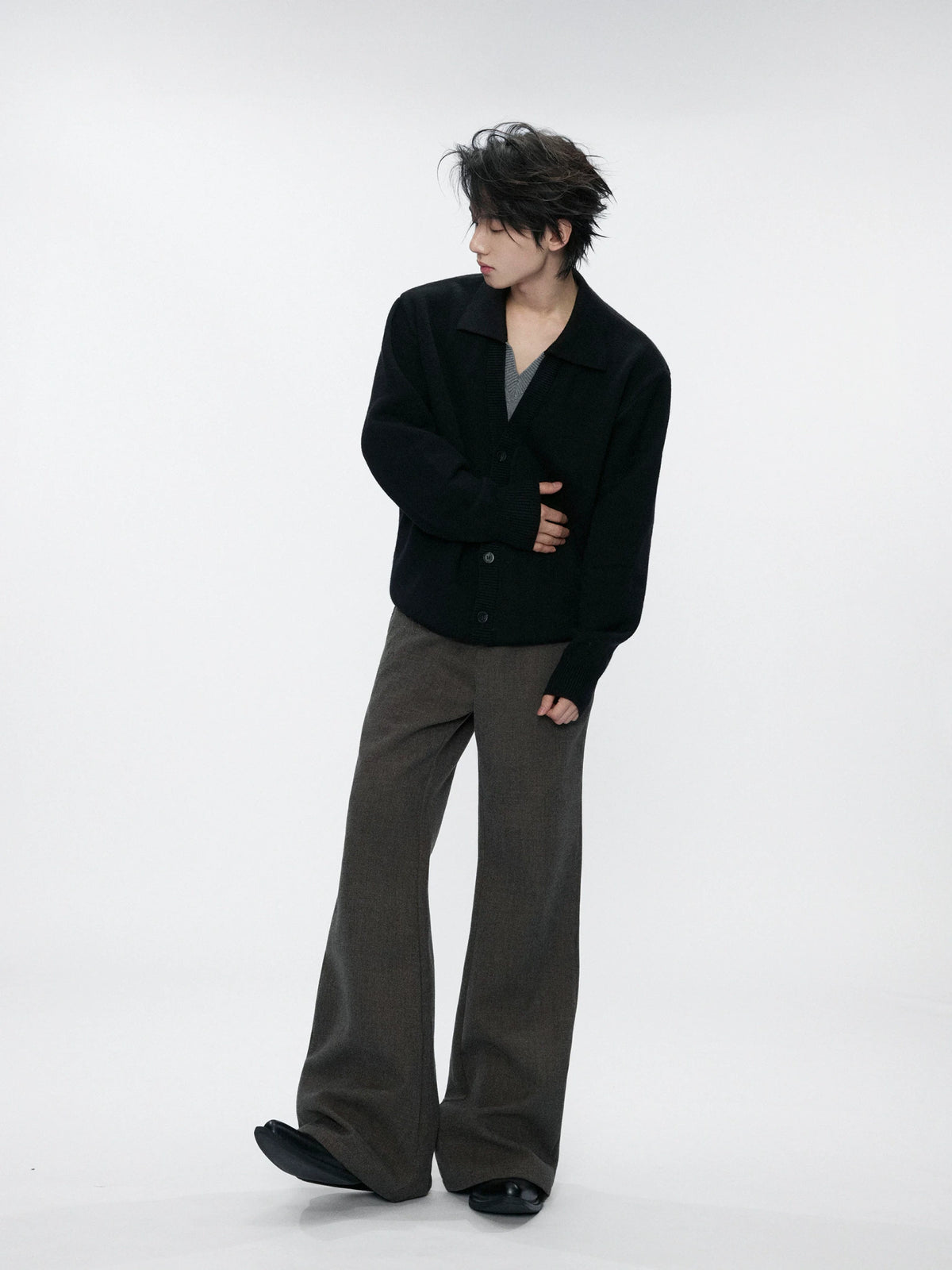 Double V Mock Two-Piece Marled Knit Sweater | Black & Gray - main image 2