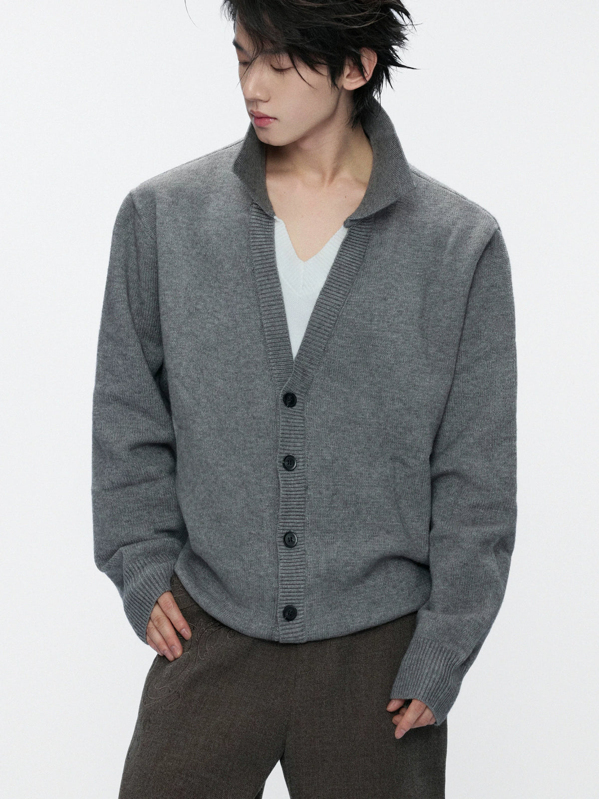 Double V Mock Two-Piece Marled Knit Sweater | Black & Gray - main image 4