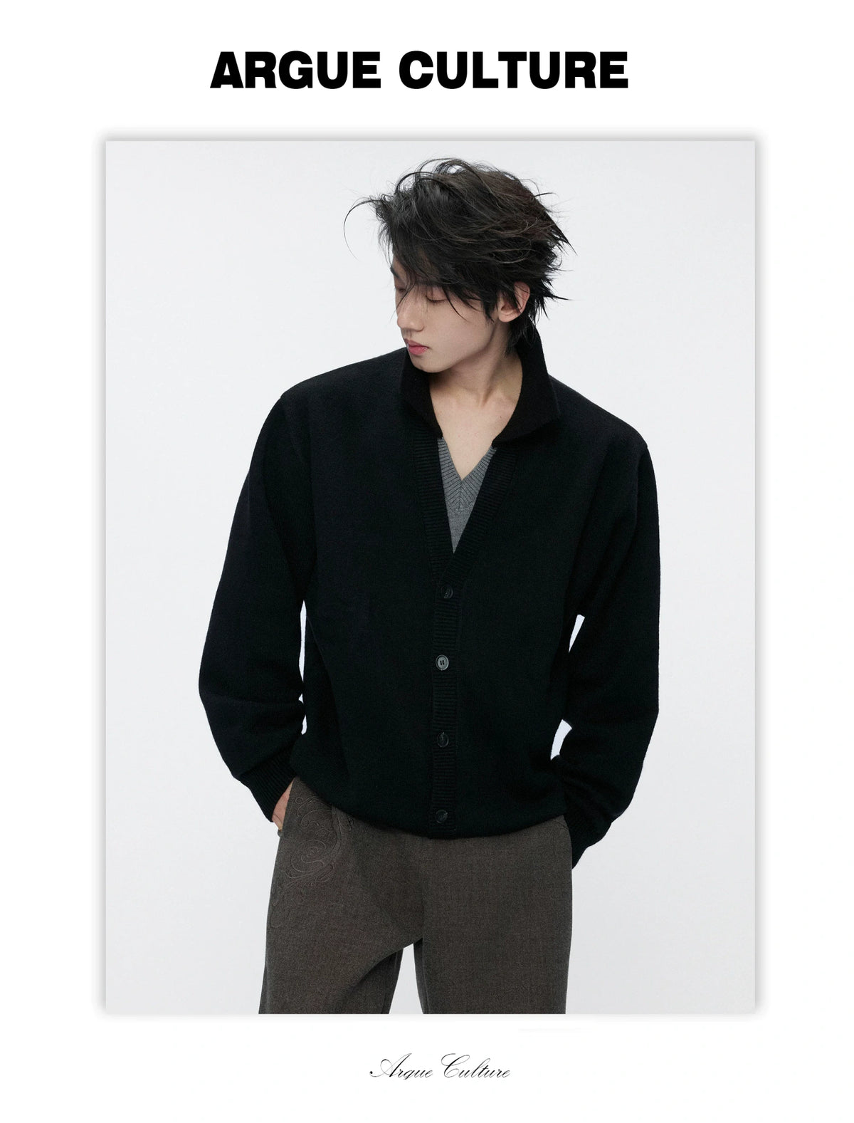 Double V Mock Two-Piece Marled Knit Sweater | Black & Gray - detail image 7