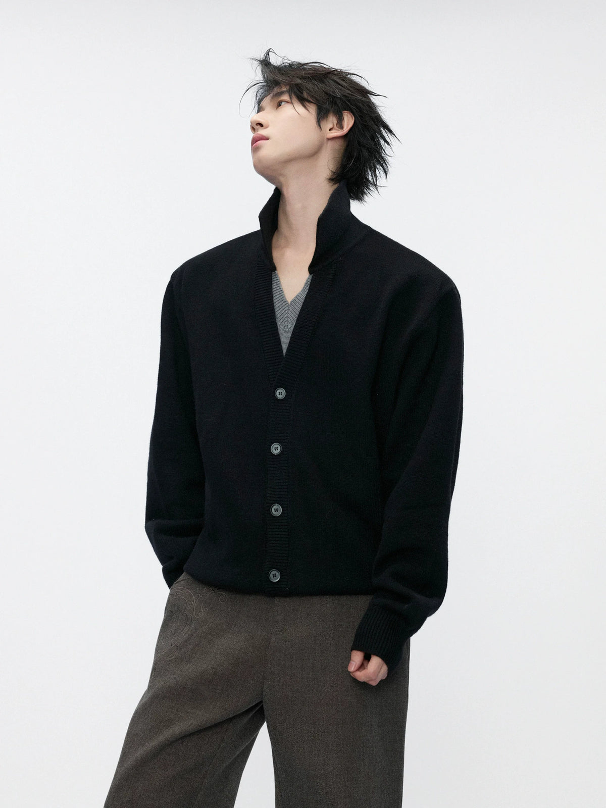 Double V Mock Two-Piece Marled Knit Sweater | Black & Gray - main image 5