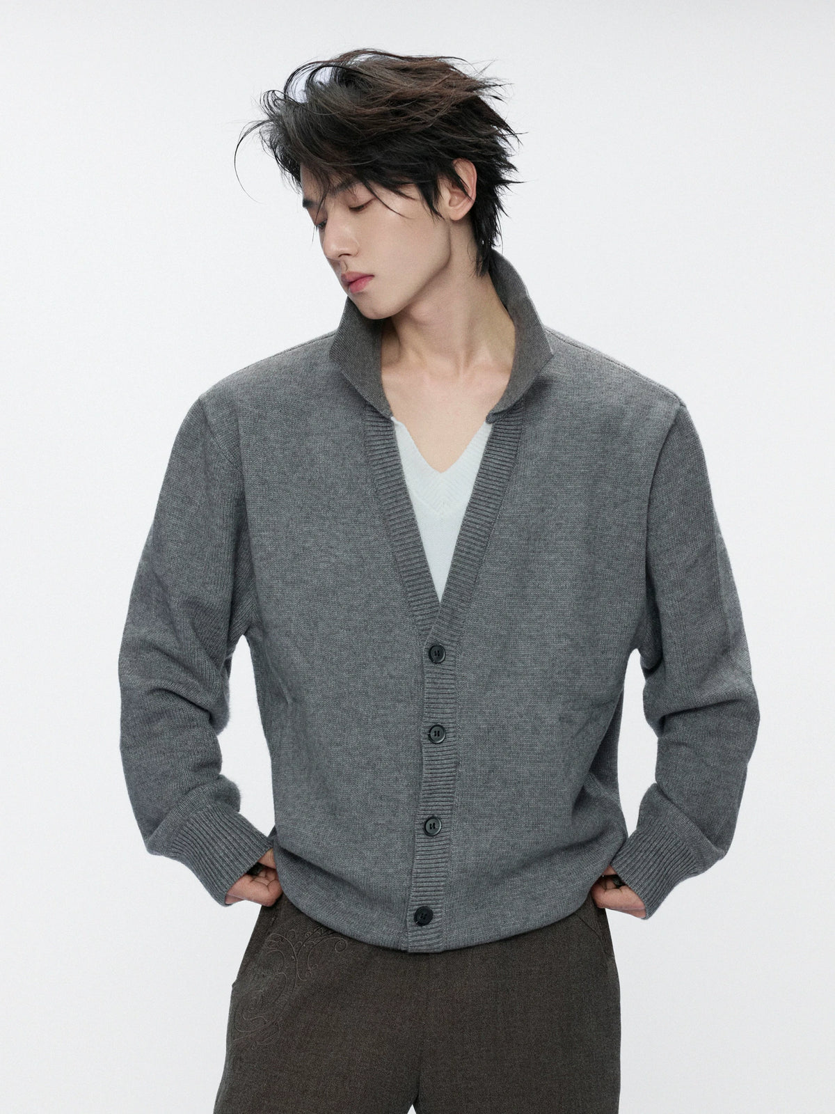Double V Mock Two-Piece Marled Knit Sweater | Black & Gray - main image 1
