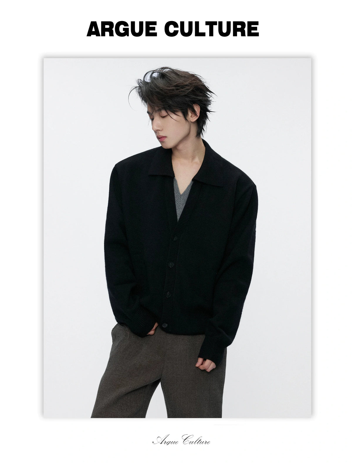 Double V Mock Two-Piece Marled Knit Sweater | Black & Gray - detail image 6