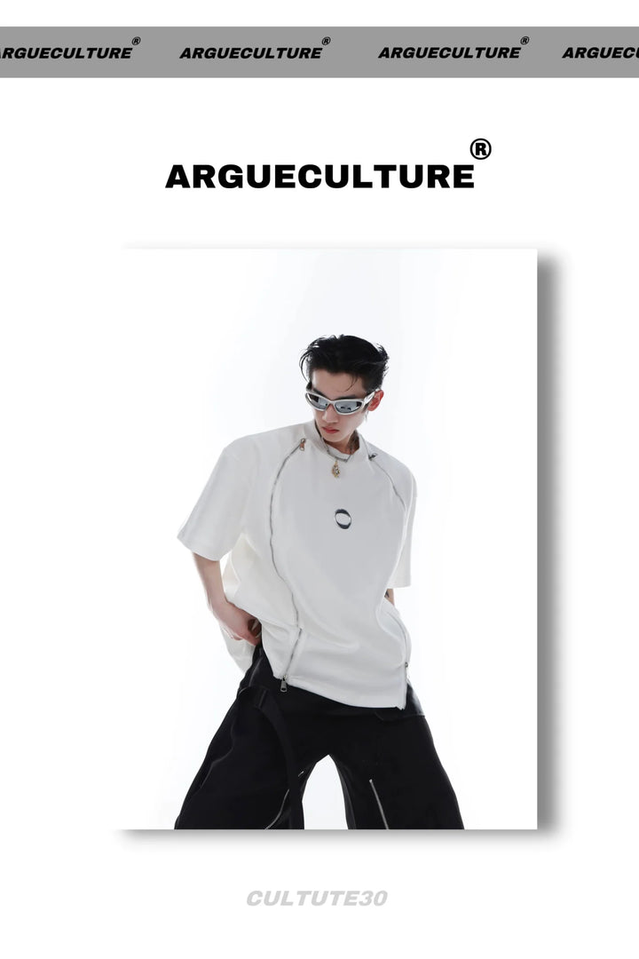 Double - Zip Split Short - Sleeve T - Shirt with Shoulder Pads & Metallic Print - ArguE CulturE