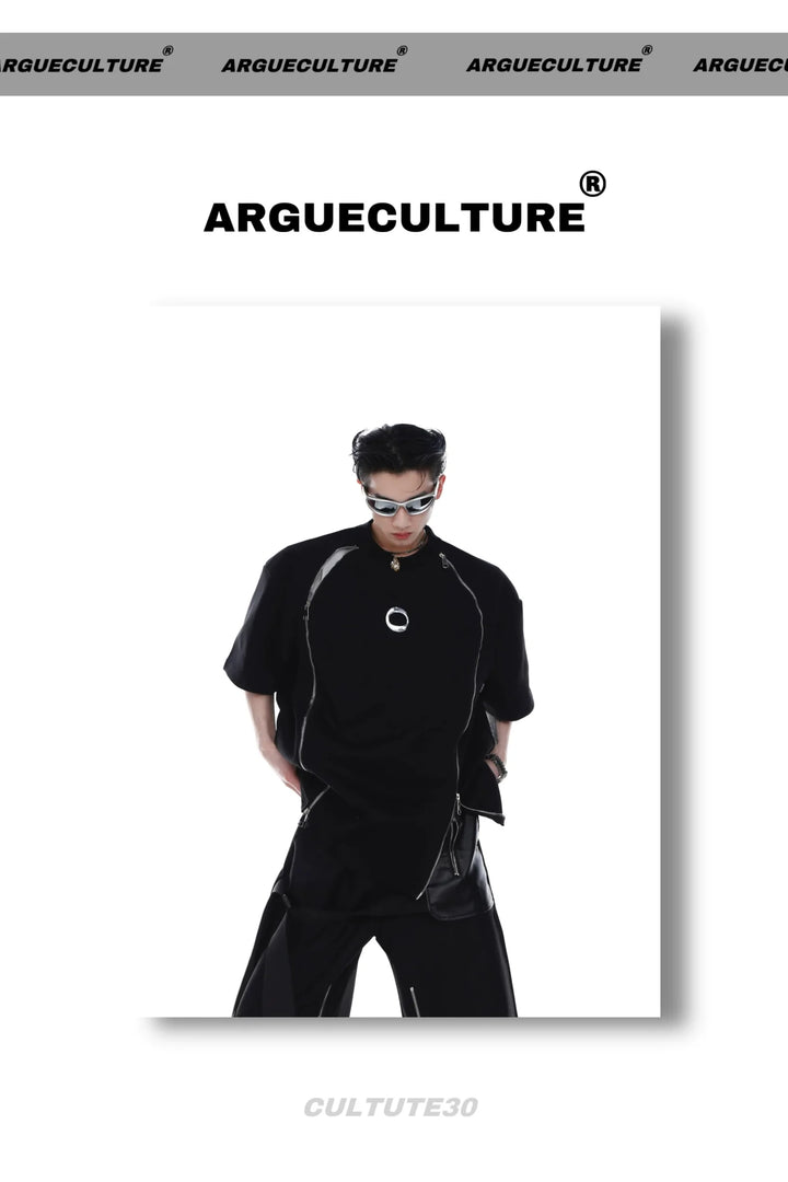 Double - Zip Split Short - Sleeve T - Shirt with Shoulder Pads & Metallic Print - ArguE CulturE