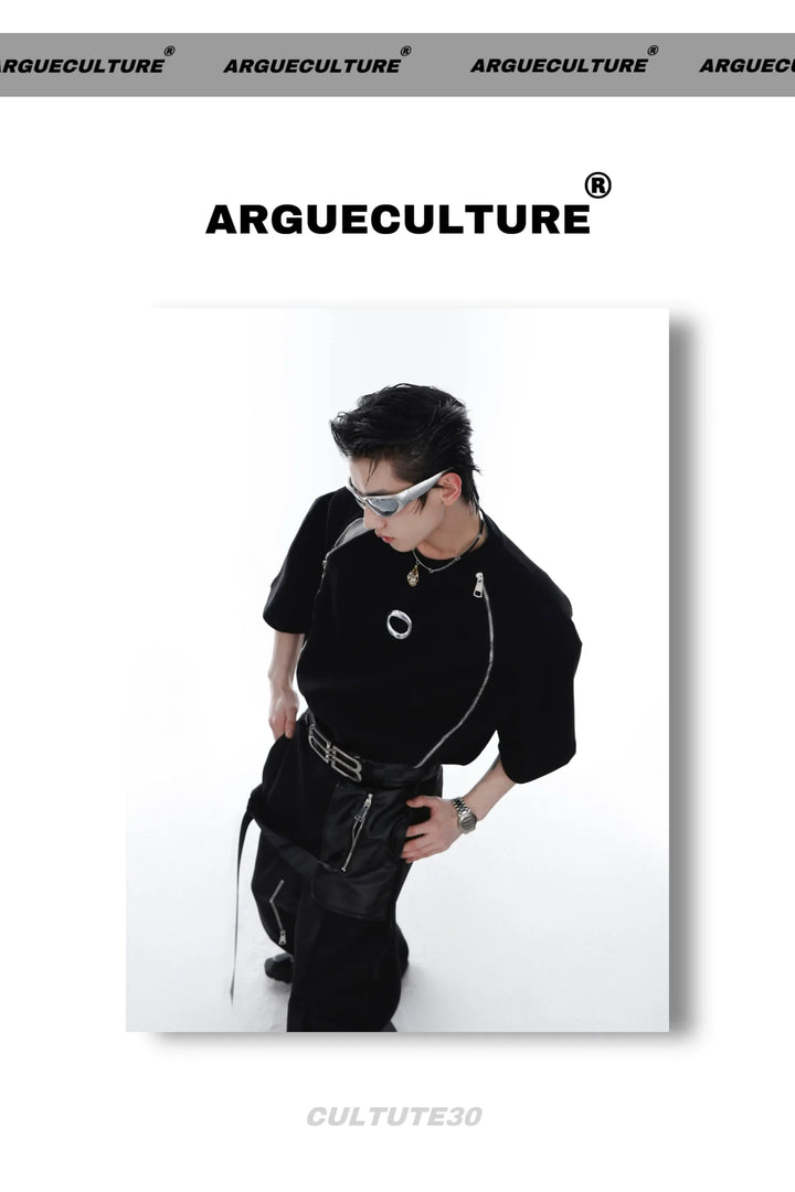 Double - Zip Split Short - Sleeve T - Shirt with Shoulder Pads & Metallic Print - ArguE CulturE