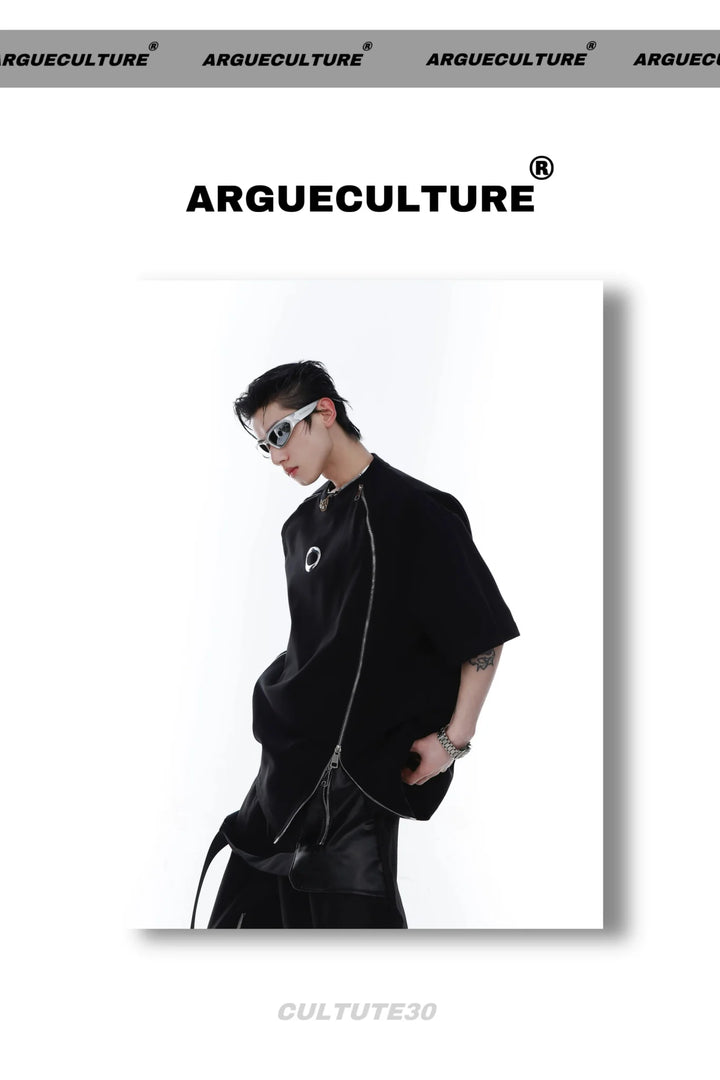 Double - Zip Split Short - Sleeve T - Shirt with Shoulder Pads & Metallic Print - ArguE CulturE