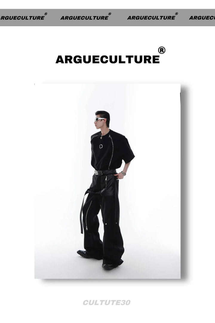 Double - Zip Split Short - Sleeve T - Shirt with Shoulder Pads & Metallic Print - ArguE CulturE