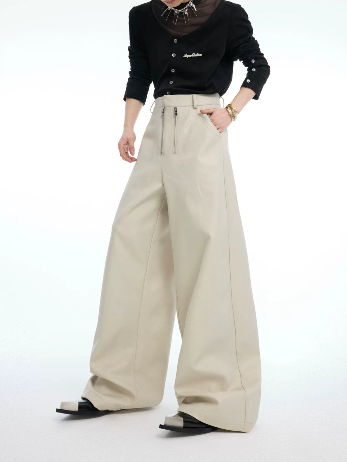 Double-Zipper Textured Straight-Leg Trousers | Grey - main image 5