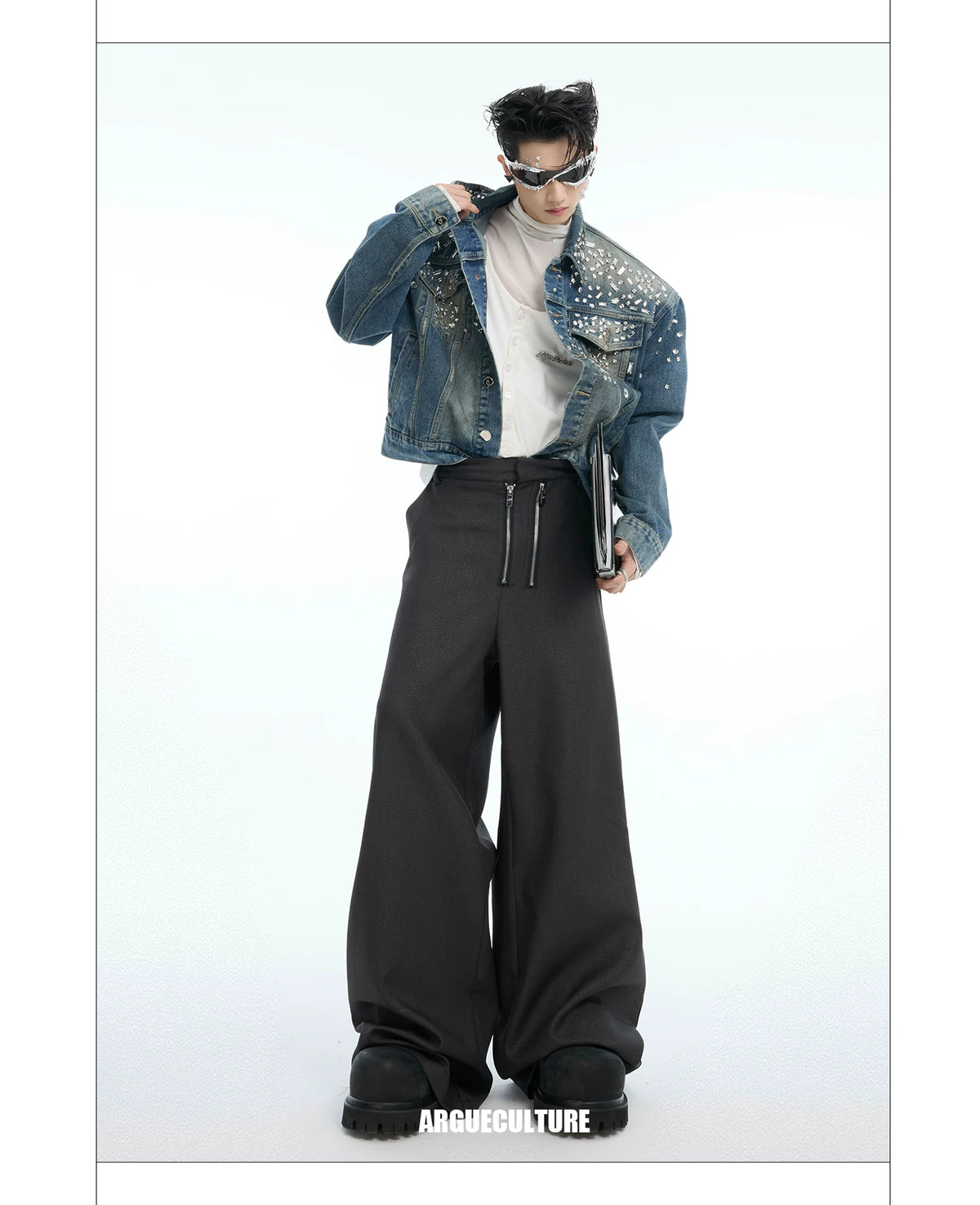 Double-Zipper Textured Straight-Leg Trousers | Grey - detail image 12