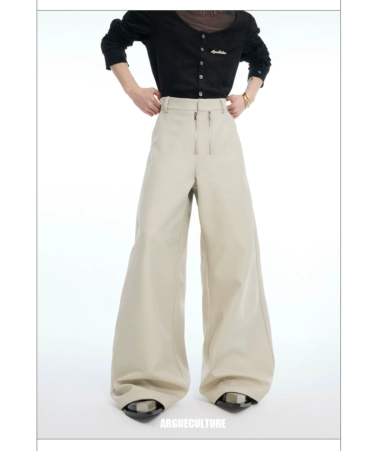 Double-Zipper Textured Straight-Leg Trousers | Grey - detail image 3