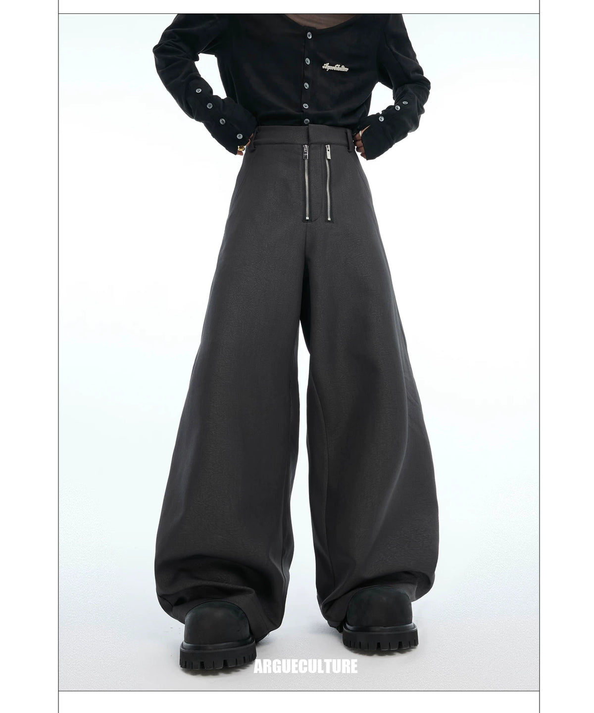 Double-Zipper Textured Straight-Leg Trousers | Grey - detail image 8