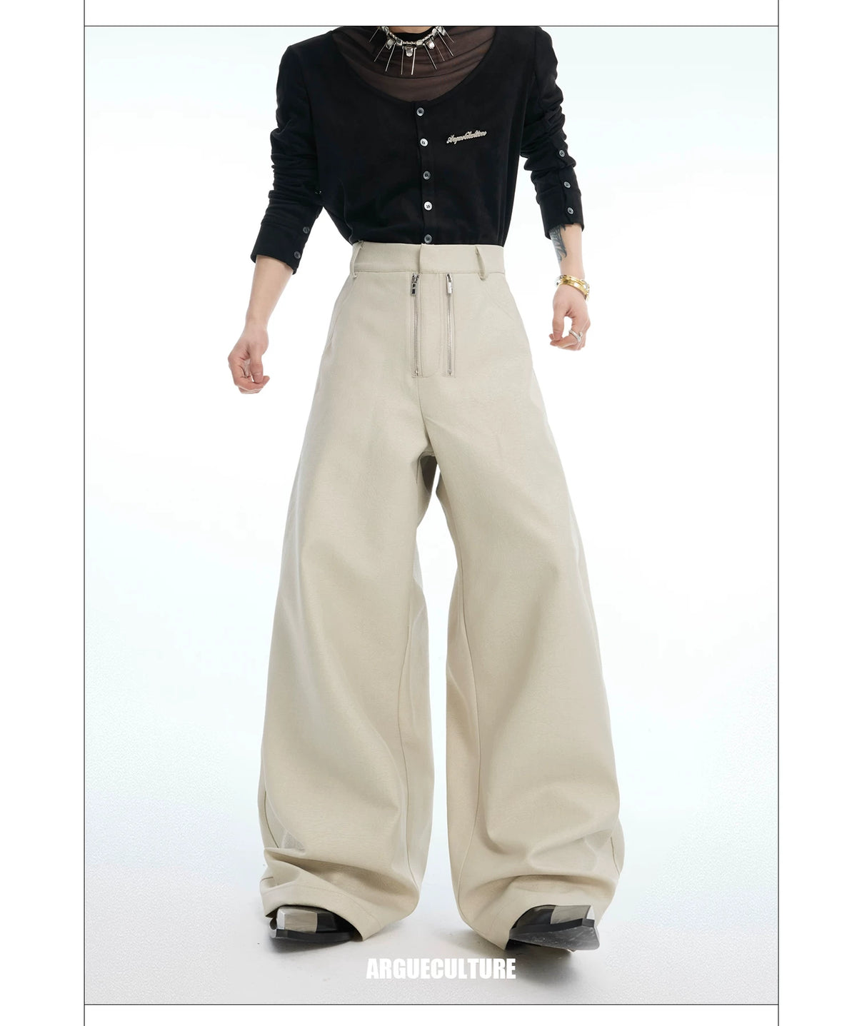 Double-Zipper Textured Straight-Leg Trousers | Grey - detail image 4