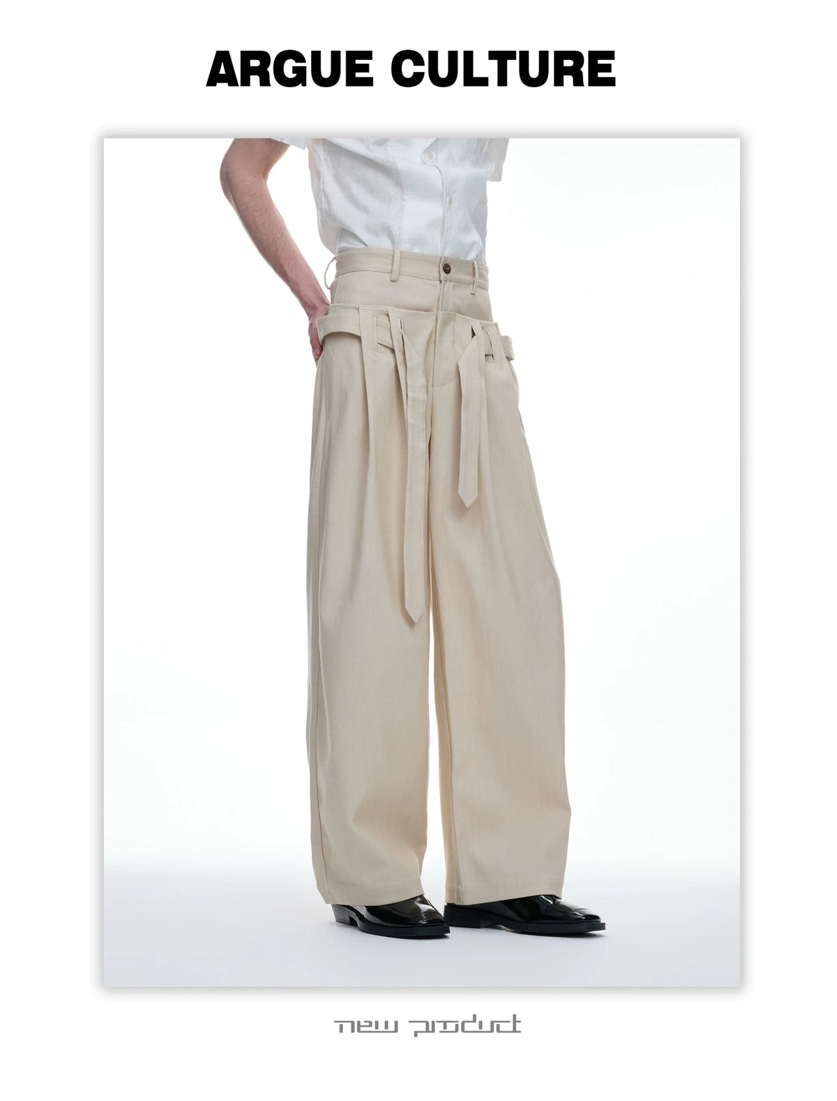 Draped Wide-Leg Tie-Belt Trousers in Black & Beige - detail image 4