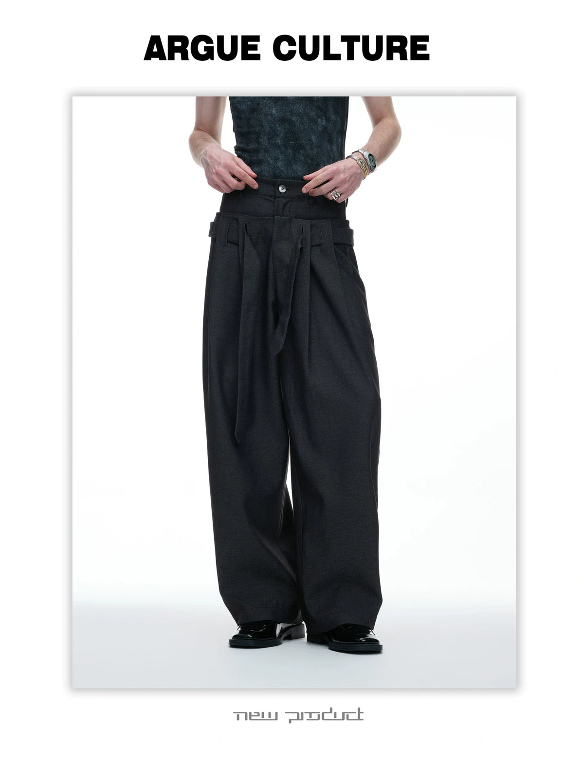 Draped Wide-Leg Tie-Belt Trousers in Black & Beige - detail image 3