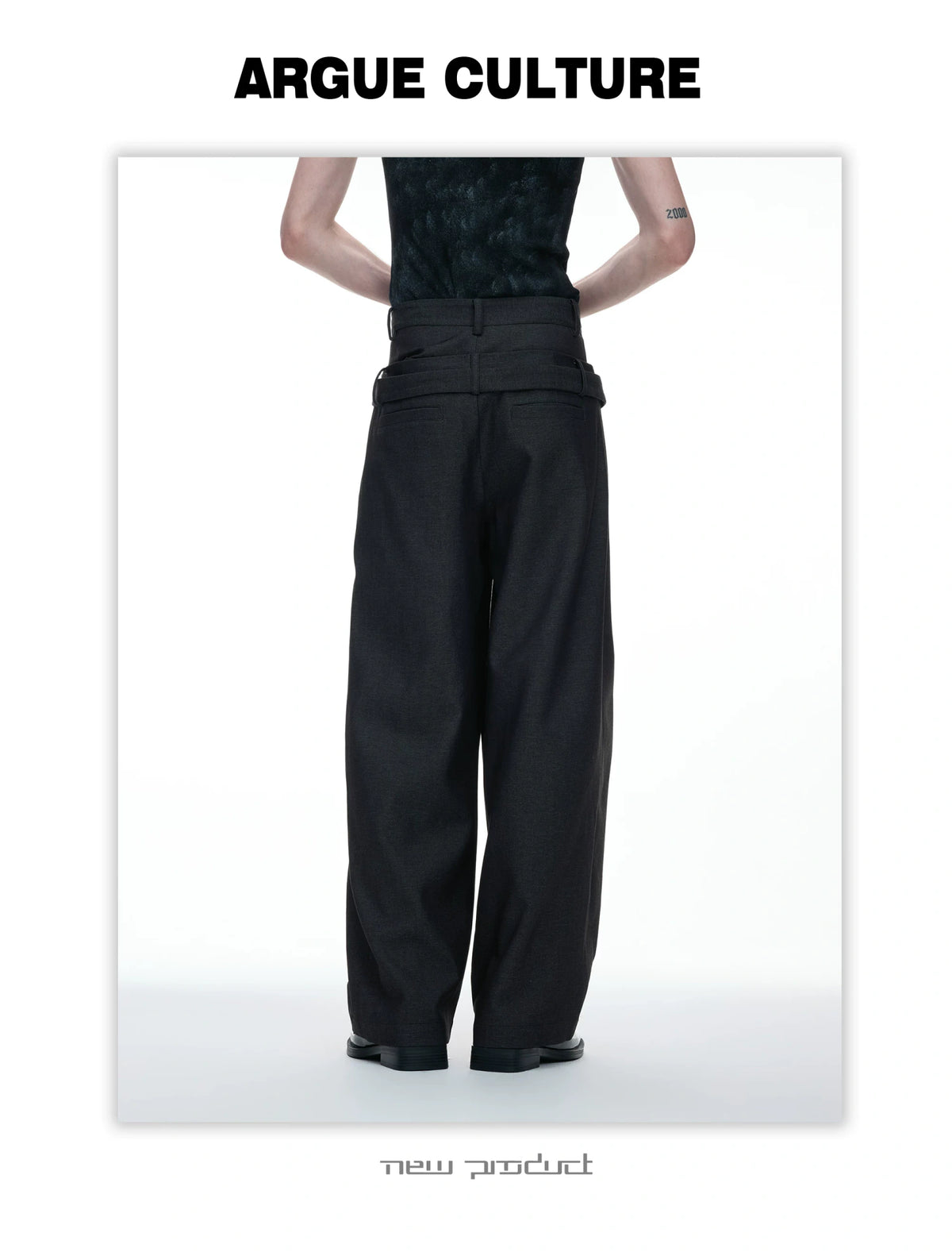 Draped Wide-Leg Tie-Belt Trousers in Black & Beige - detail image 6