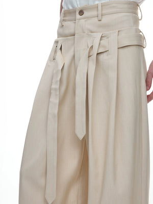 Draped Wide-Leg Tie-Belt Trousers in Black & Beige - main image 4