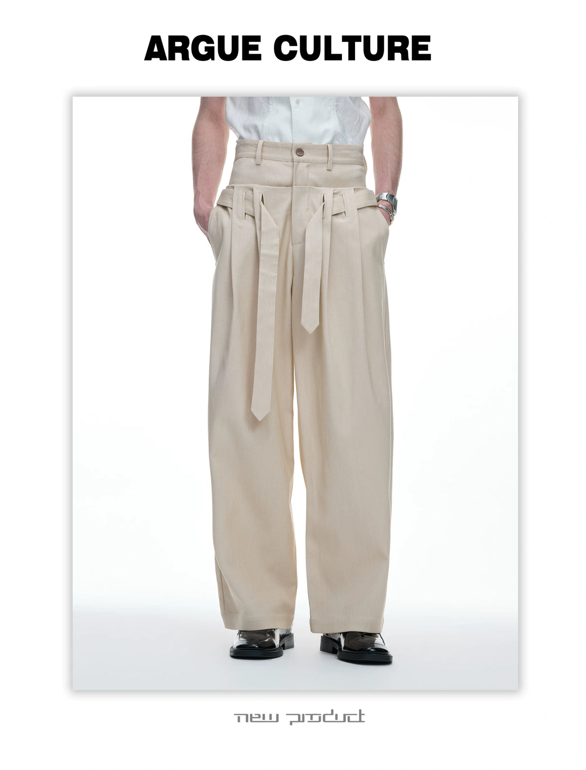 Draped Wide-Leg Tie-Belt Trousers in Black & Beige - detail image 7
