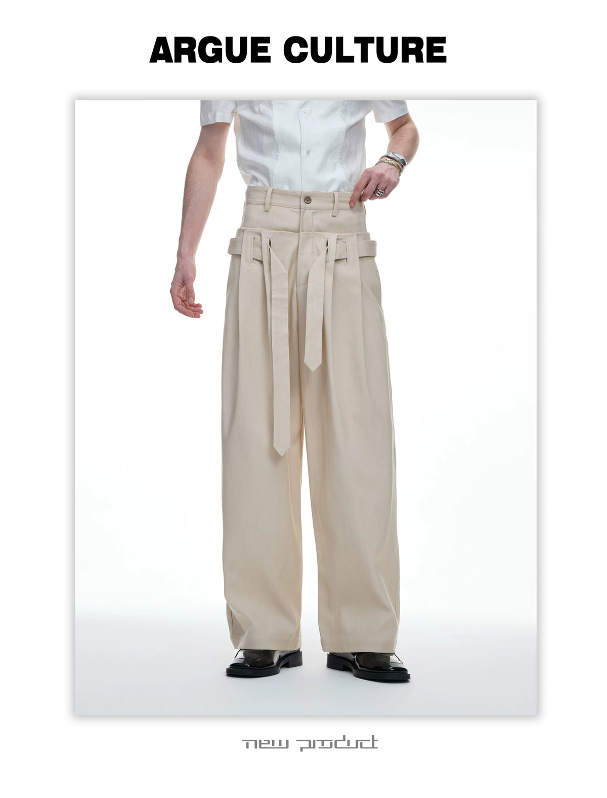 Draped Wide-Leg Tie-Belt Trousers in Black & Beige - detail image 9