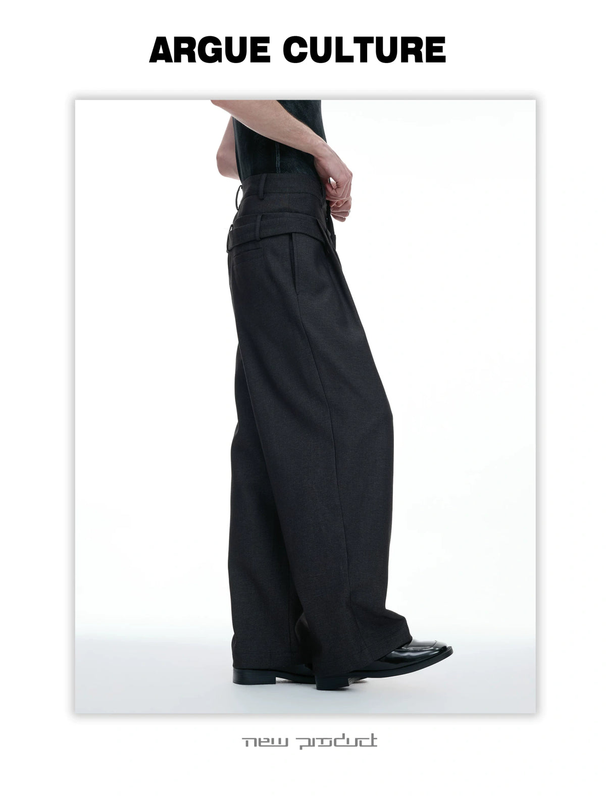 Draped Wide-Leg Tie-Belt Trousers in Black & Beige - detail image 10