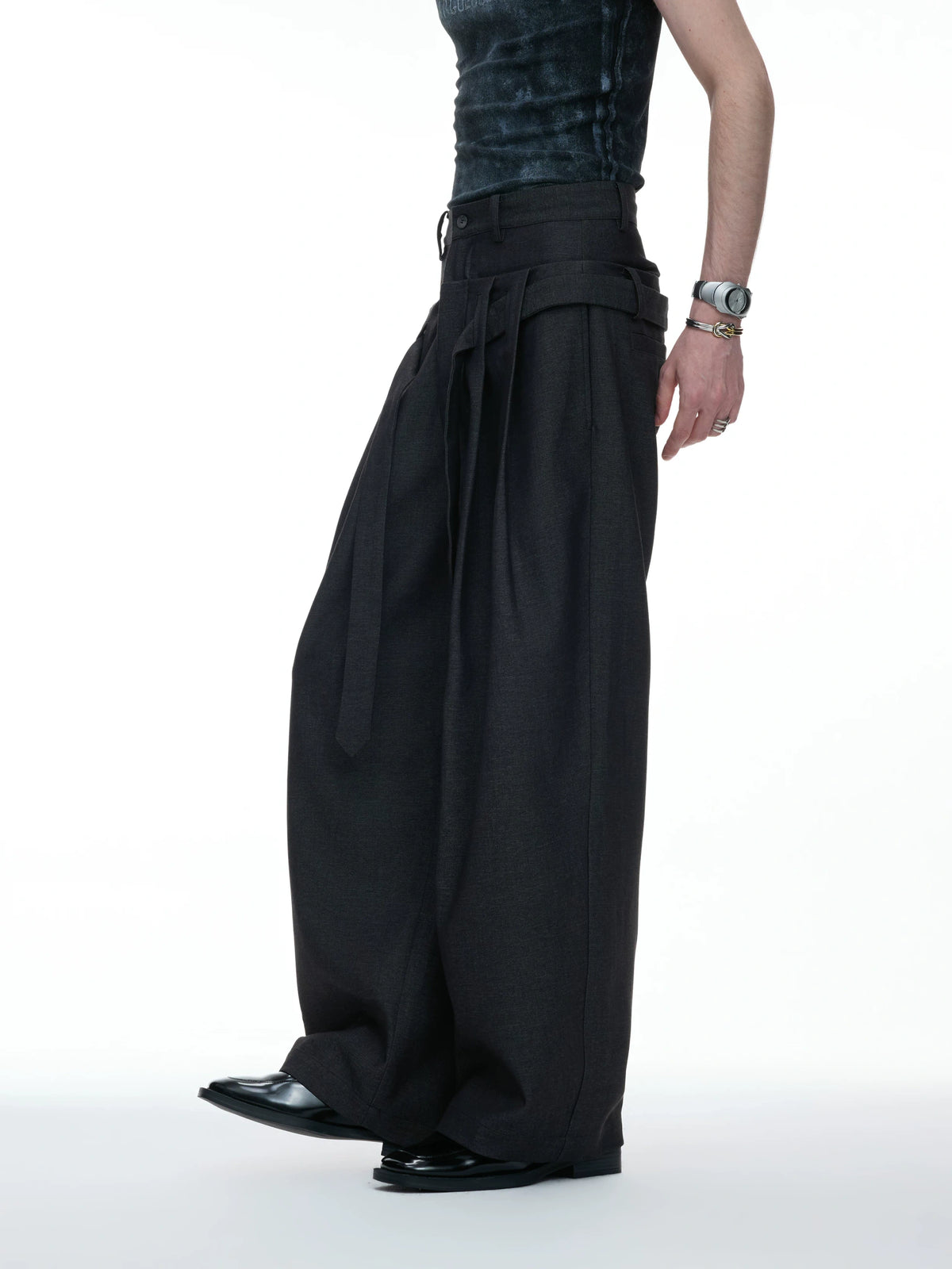 Draped Wide-Leg Tie-Belt Trousers in Black & Beige - main image 3