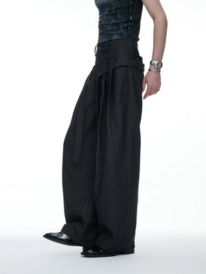 Draped Wide-Leg Tie-Belt Trousers in Black & Beige - main image 3