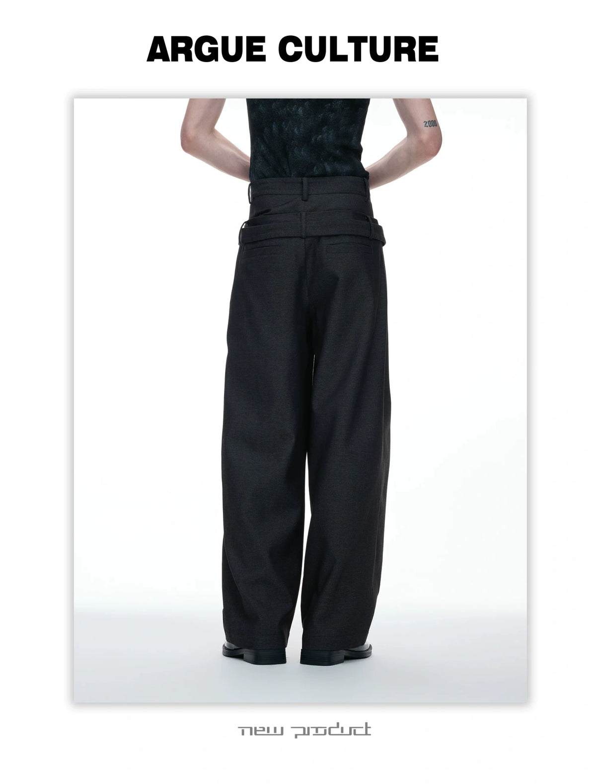 Draped Wide-Leg Tie-Belt Trousers in Black & Beige - detail image 11