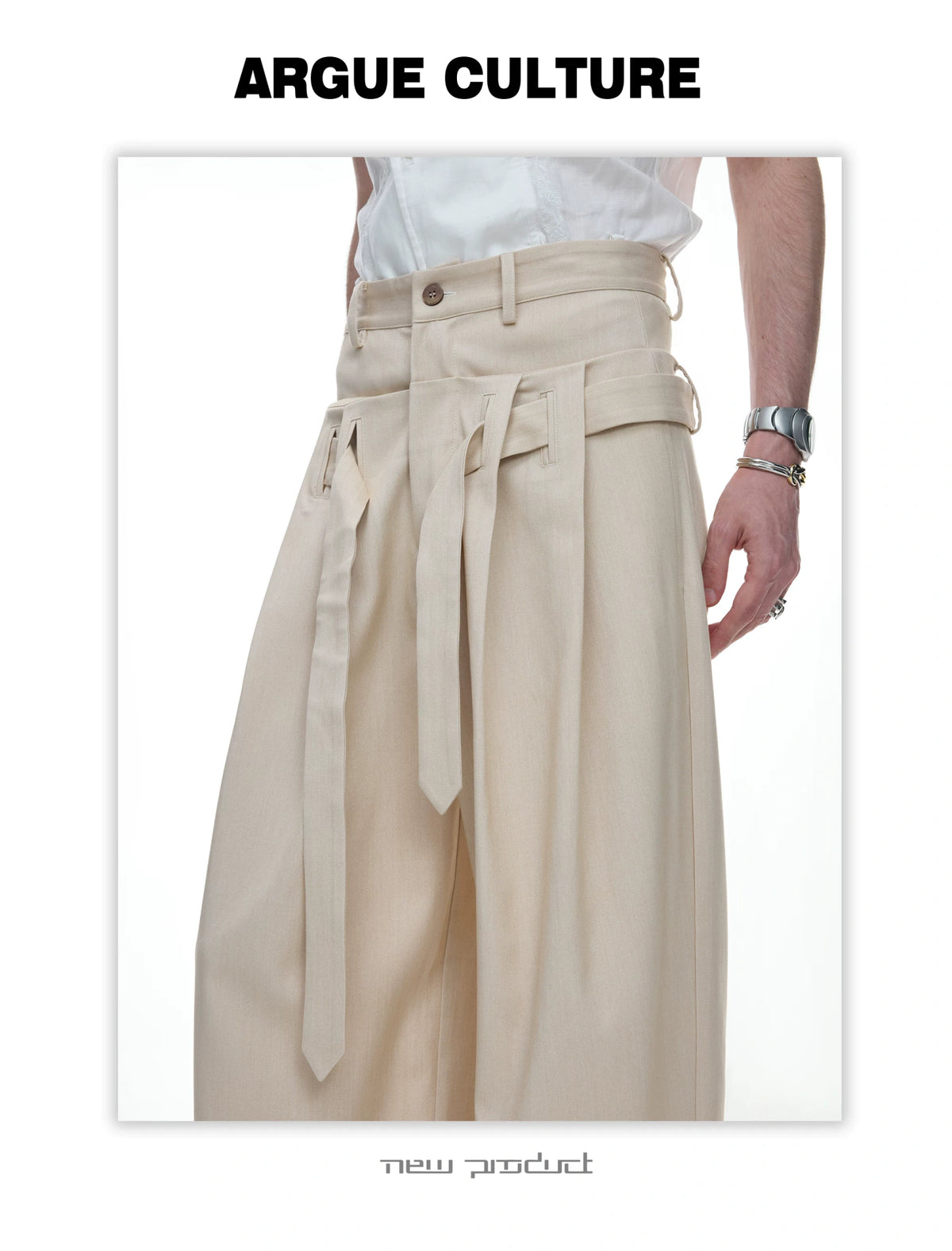 Draped Wide-Leg Tie-Belt Trousers in Black & Beige - detail image 5