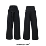 Draped Wide-Leg Tie-Belt Trousers in Black & Beige - Black