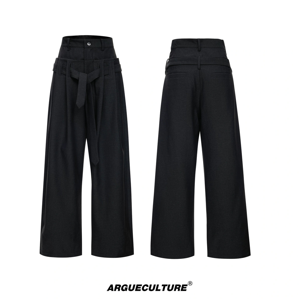 Draped Wide-Leg Tie-Belt Trousers in Black & Beige - Black