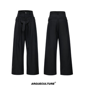 Draped Wide-Leg Tie-Belt Trousers in Black & Beige - Black