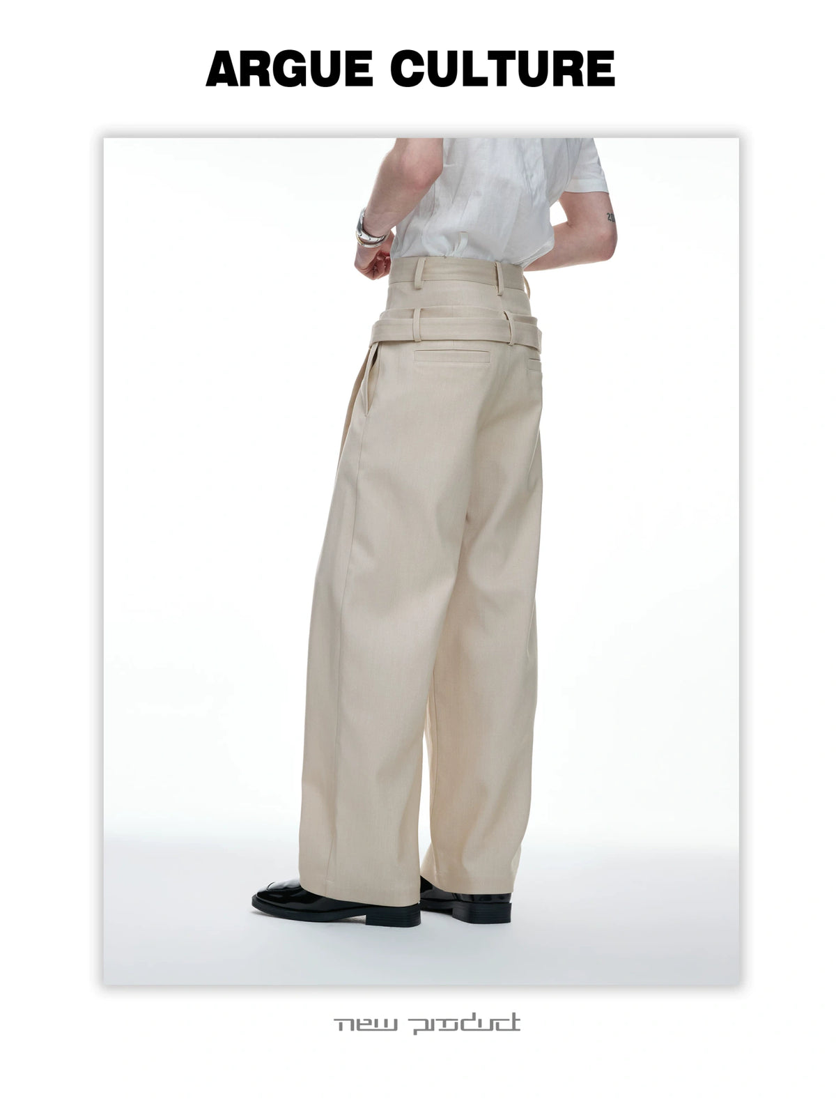 Draped Wide-Leg Tie-Belt Trousers in Black & Beige - detail image 8