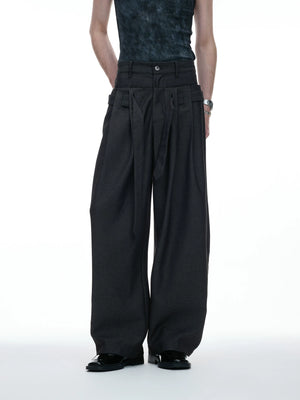 Draped Wide-Leg Tie-Belt Trousers in Black & Beige - main image 1