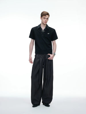 Draped Wide-Leg Tie-Belt Trousers in Black & Beige - main image 5