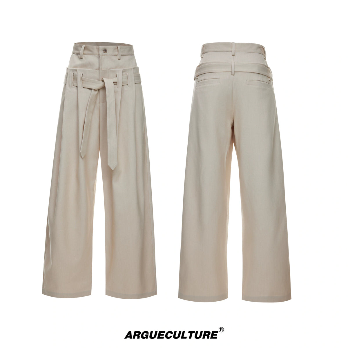 Draped Wide-Leg Tie-Belt Trousers in Black & Beige - Apricot