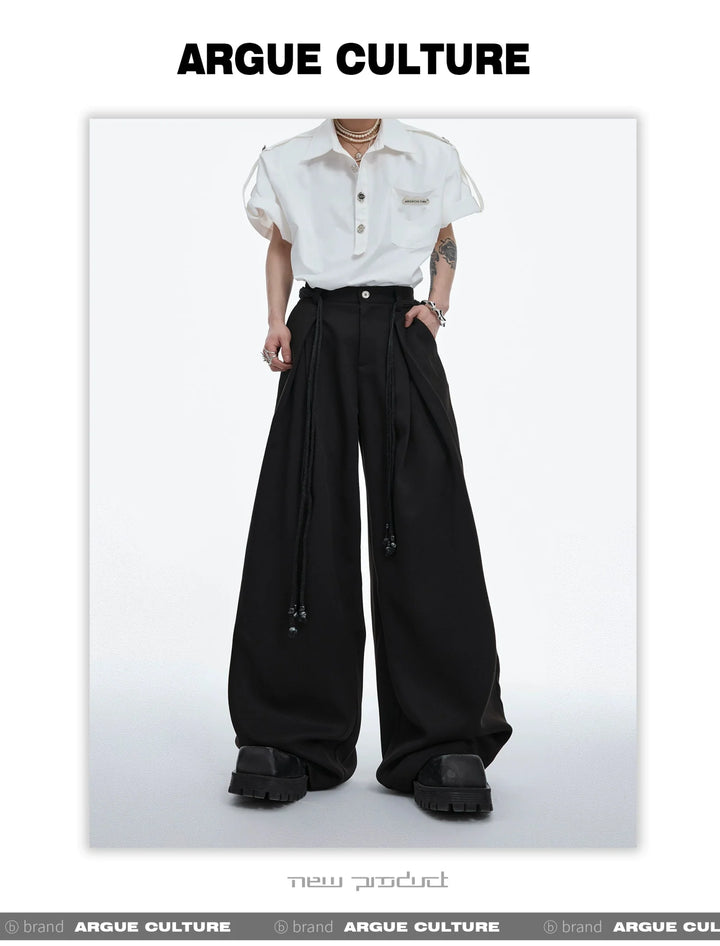 Drawstring Pleated Twill Loose Fit Casual Pants with Deconstructed Design - ArguE CulturE