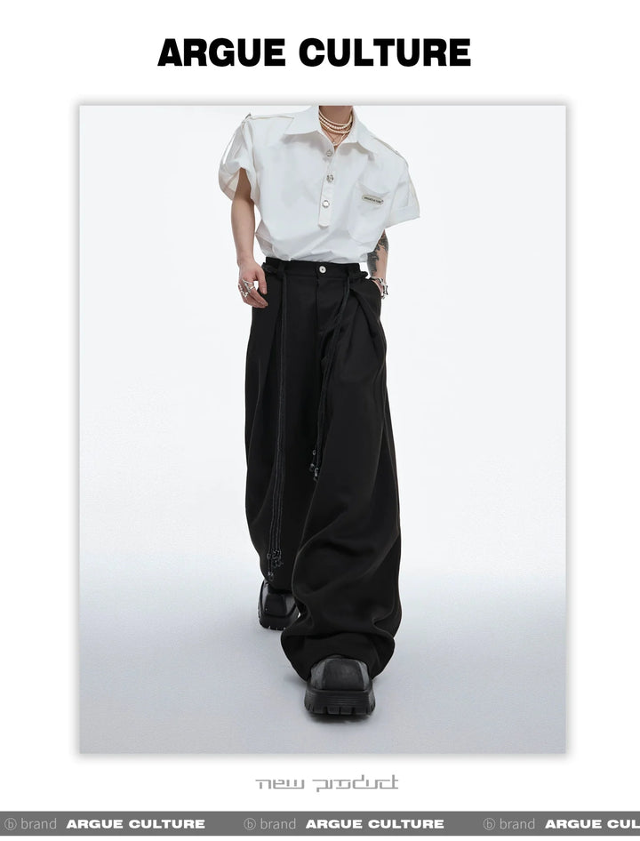 Drawstring Pleated Twill Loose Fit Casual Pants with Deconstructed Design - ArguE CulturE